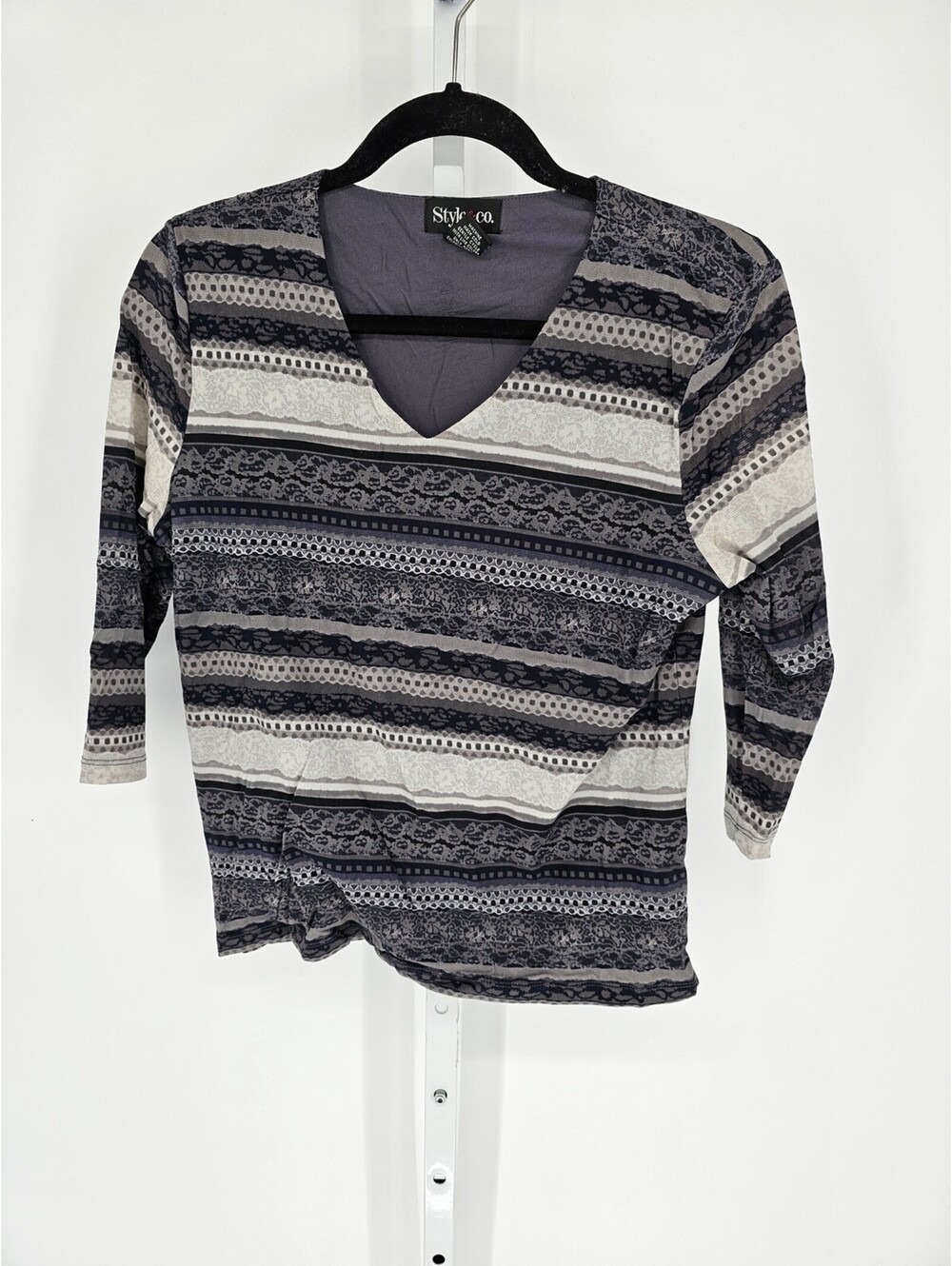 Style&Co Multicolored Nylon Lace 3/4 Sleeve V-Neck T-Shirt Size M